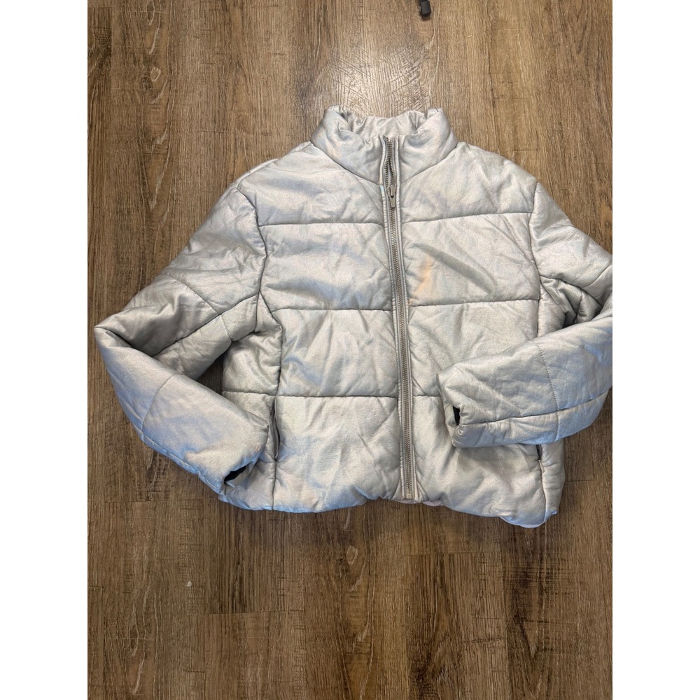 VEDA Silver Iridescent Metallic Leather Puffer Jacket Size L Futuristic Zip Up